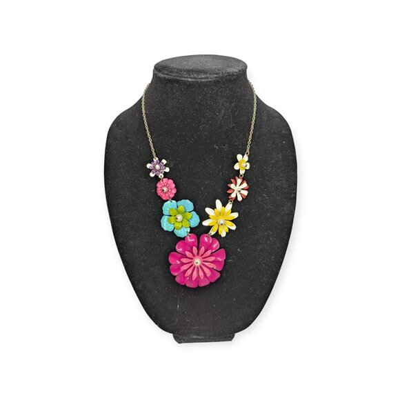 Colorful Metal Floral Necklace & Chain Pink Teal Yellow & Purple w/Lobster Clasp - Picture 2 of 11